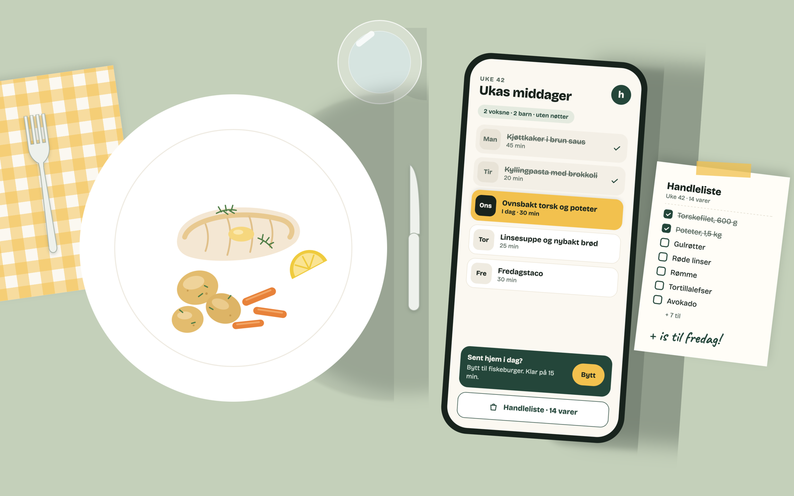 Illustrasjon av en middagstallerken med ovnsbakt torsk og poteter, ved siden av en mobil som viser ukas middager og en lapp med handleliste.